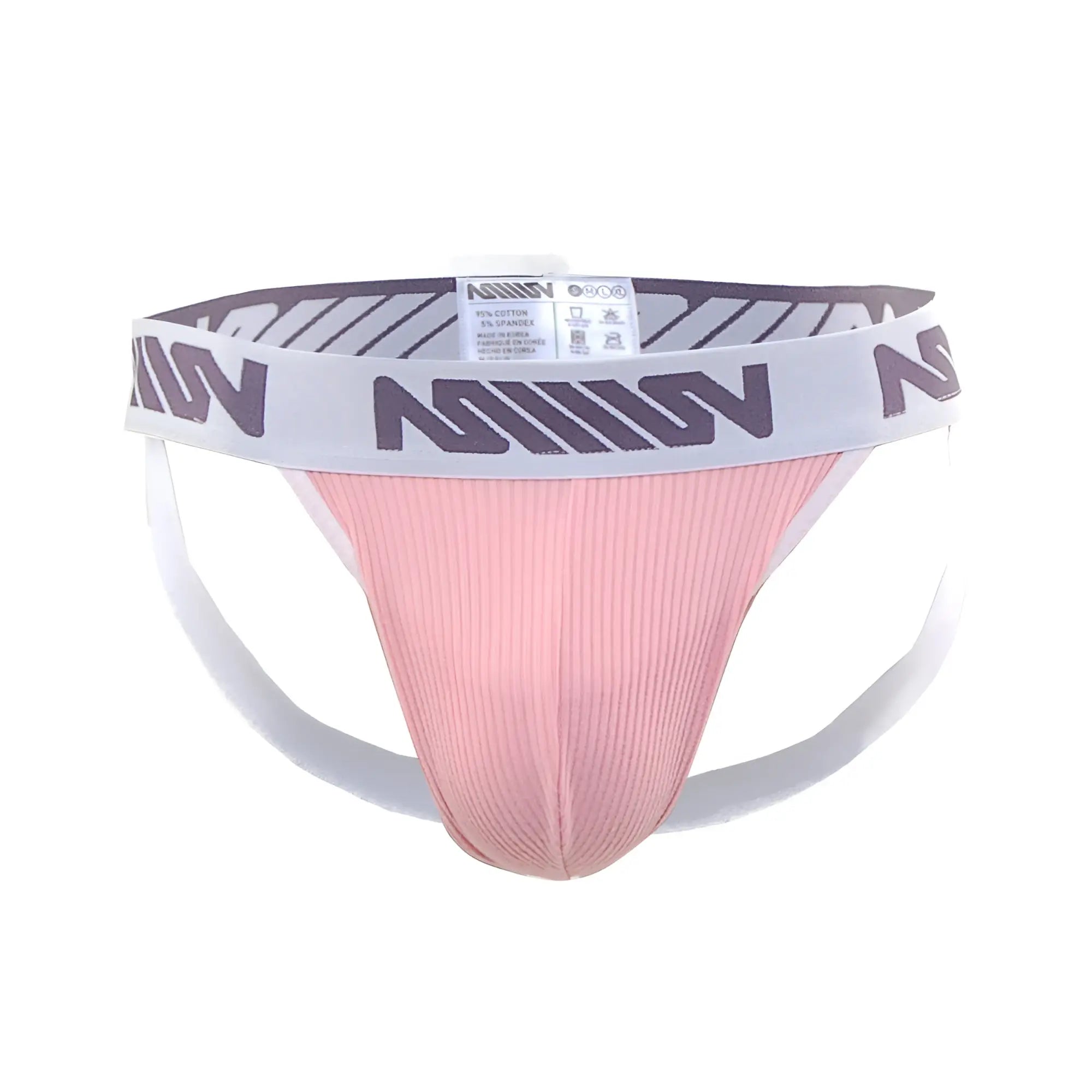 Pink ribbed athletic brief with white waistband featuring gray n logos from metromalewear magic jock strap marshmallow pink collection