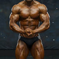 A muscular male bodybuilder wearing black MetroMaleWear magnetic swim bikini briefs with white striped waistband