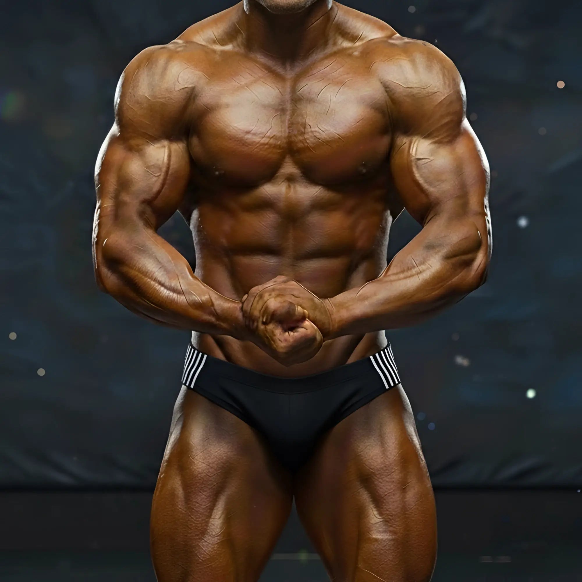 A muscular male bodybuilder wearing black MetroMaleWear magnetic swim bikini briefs with white striped waistband