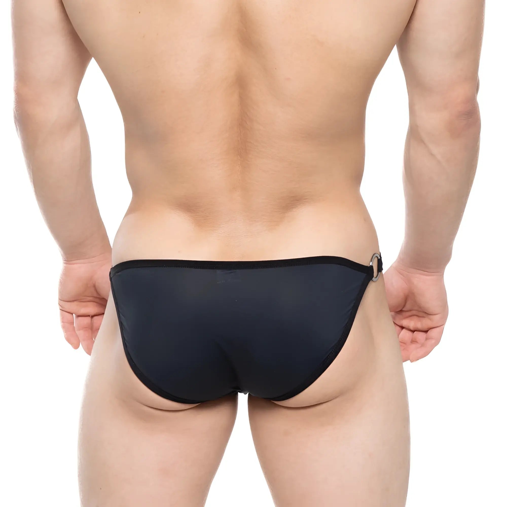 Black sheer mesh briefs with solid black elastic waistband and metal ring side detail metroMalewear Mahana bikini black 6204-20