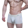 White men’s boxer briefs metro male wear maintenant beige with subtle gray logo waistband breathable cotton blend