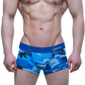 Blue camouflage patterned men’s boxer briefs with solid blue elastic waistband and miluv logo metroMalewear maintenant 2122-70