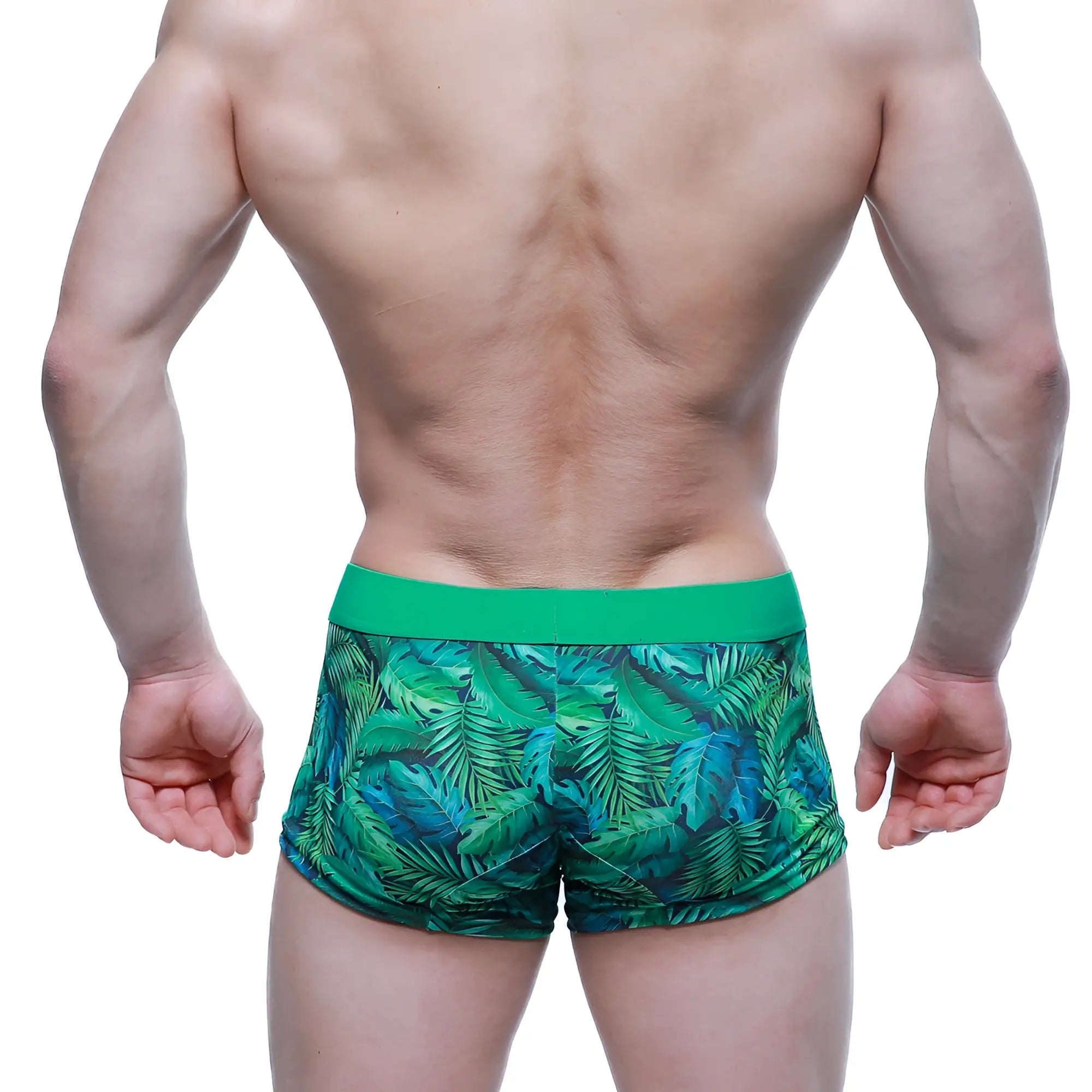 MetroMaleWear maintenant boxer brief celva 2122-69 green tropical leaf patterned swim trunks with solid green waistband