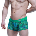 Green tropical leaf patterned boxer briefs with solid green waistband and minny logo by MetroMaleWear Celva 2122-69
