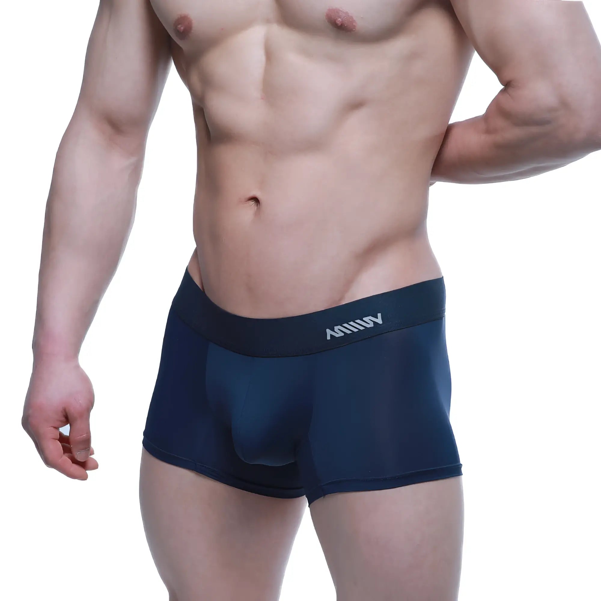 Navy blue MetroMaleWear Maintenant boxer briefs with black waistband and white annuy logo for athletic use