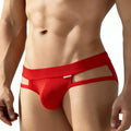 Red form-fitting men’s underwear with bold red waistband and side cutouts metro male wear malibu brief red 6625-12