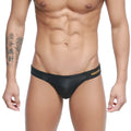 Black leather-like swim trunks with gold MetroMaleWear branding on the waistband model Malon Bikini 3603-29
