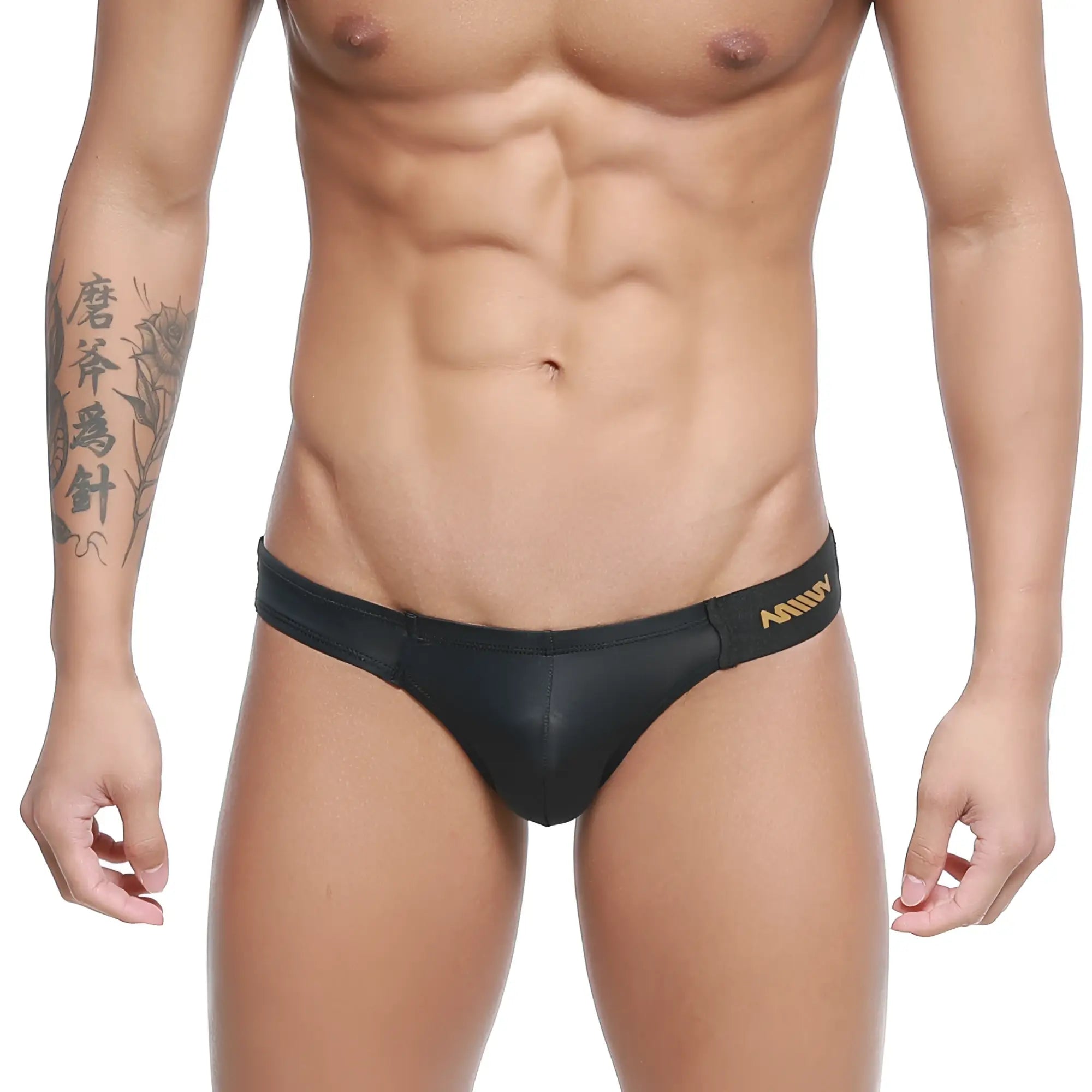 Black leather-like swim trunks with gold MetroMaleWear branding on the waistband model Malon Bikini 3603-29