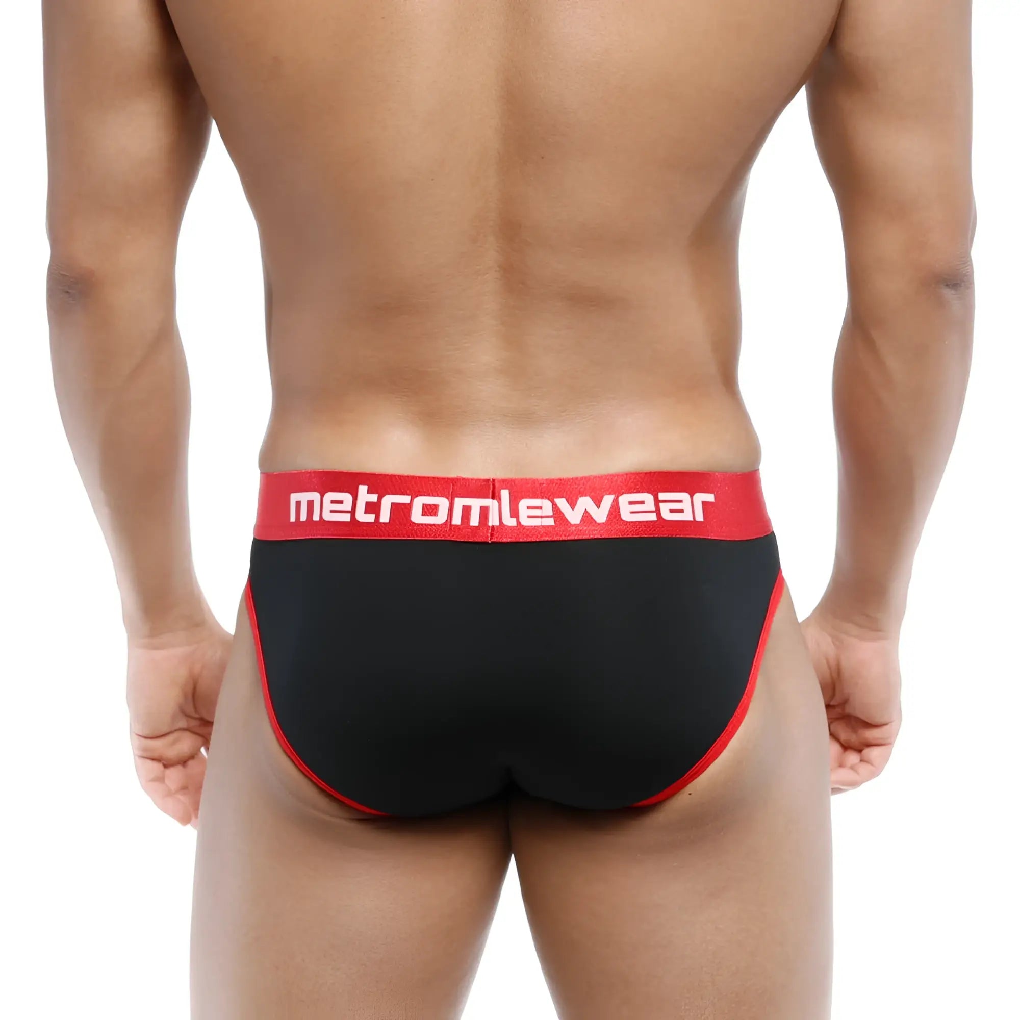 MetroMaleWear Martini brief black with red trim and waistband featuring MetroMaleWear logo in white lettering