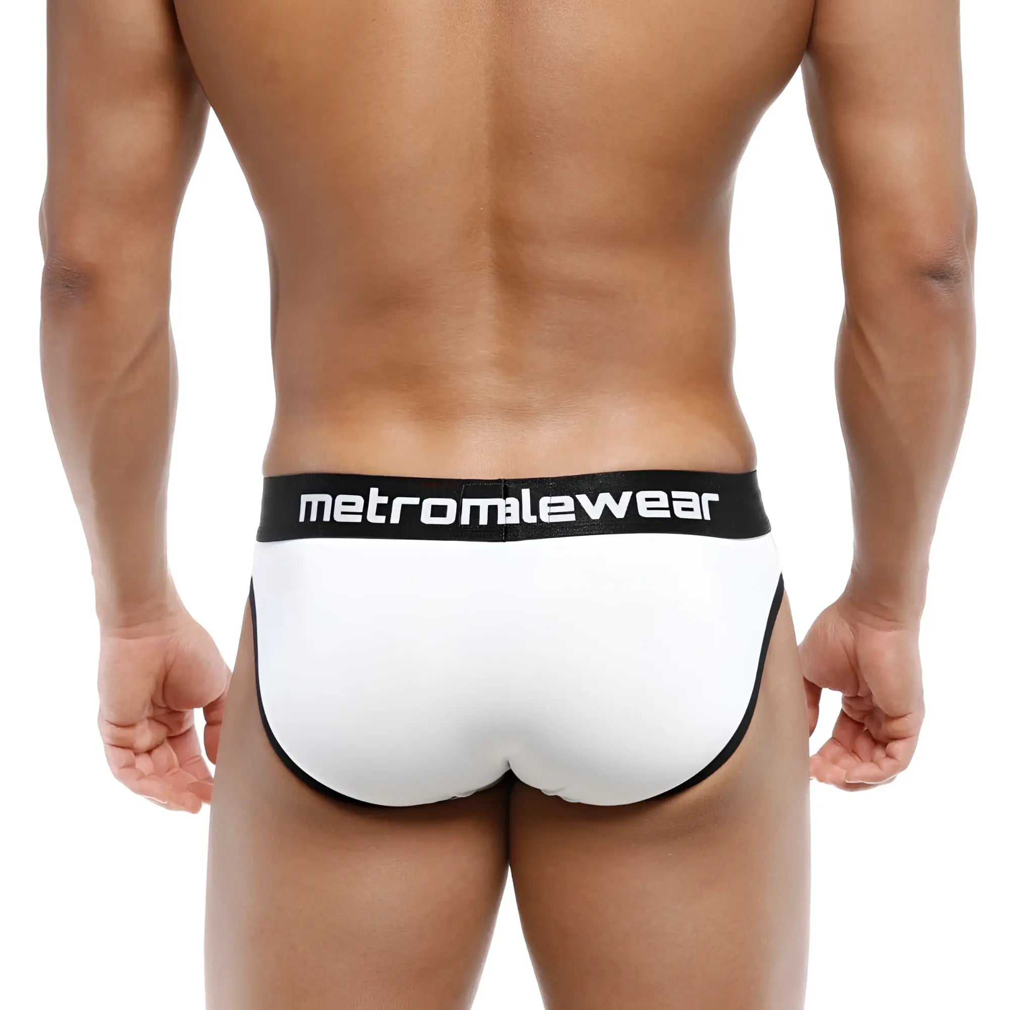White men’s briefs with black trim and a black metromalewear waistband metroMaleWear martini brief white 3103-00