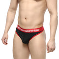 Black and red MetroMaleWear briefs with bold contrasting waistband shown from the back for stylish comfort