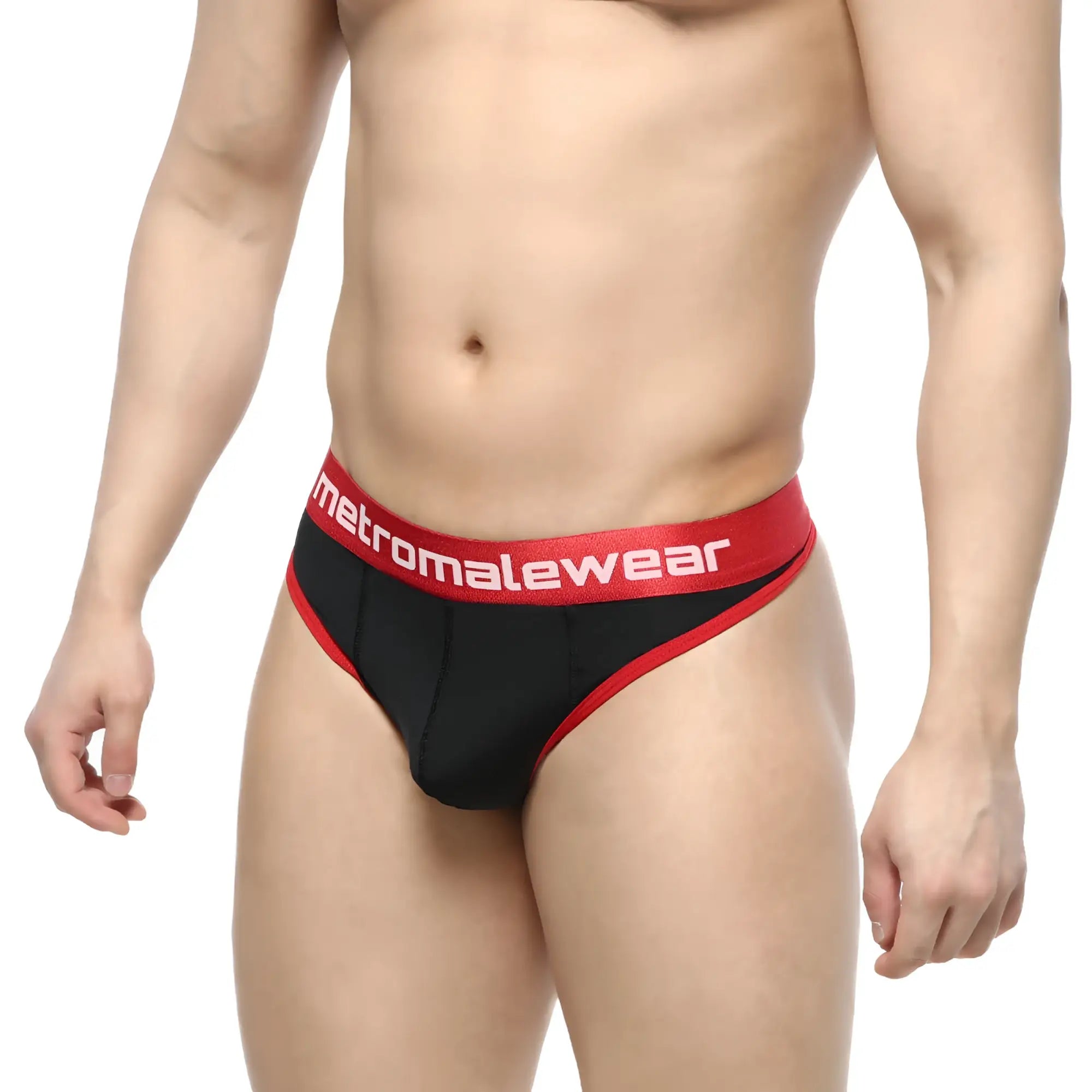 Black and red MetroMaleWear briefs with bold contrasting waistband shown from the back for stylish comfort