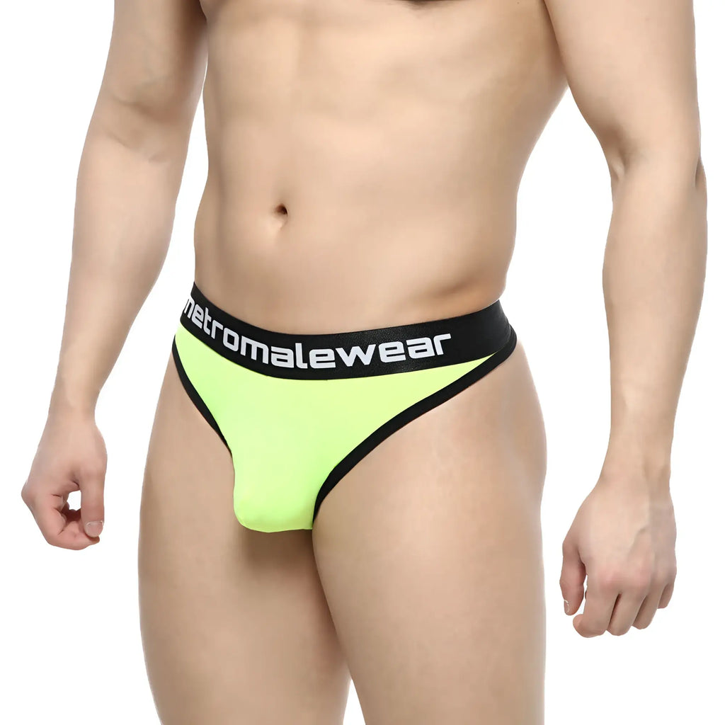 Bright neon green MetroMaleWear Martini thong with black trim and branded waistband for stylish wear