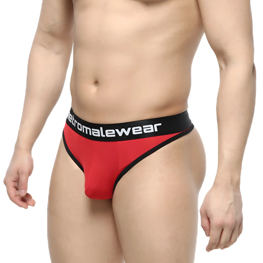 Red and black men’s thong with metromalewear branded waistband from metro malewear martini collection 2112-12