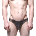 Black lace-trimmed men’s briefs with metallic snake-scale pattern and mesh panels from MetroMaleWear Mascara Bikini Dragon 5103-C02