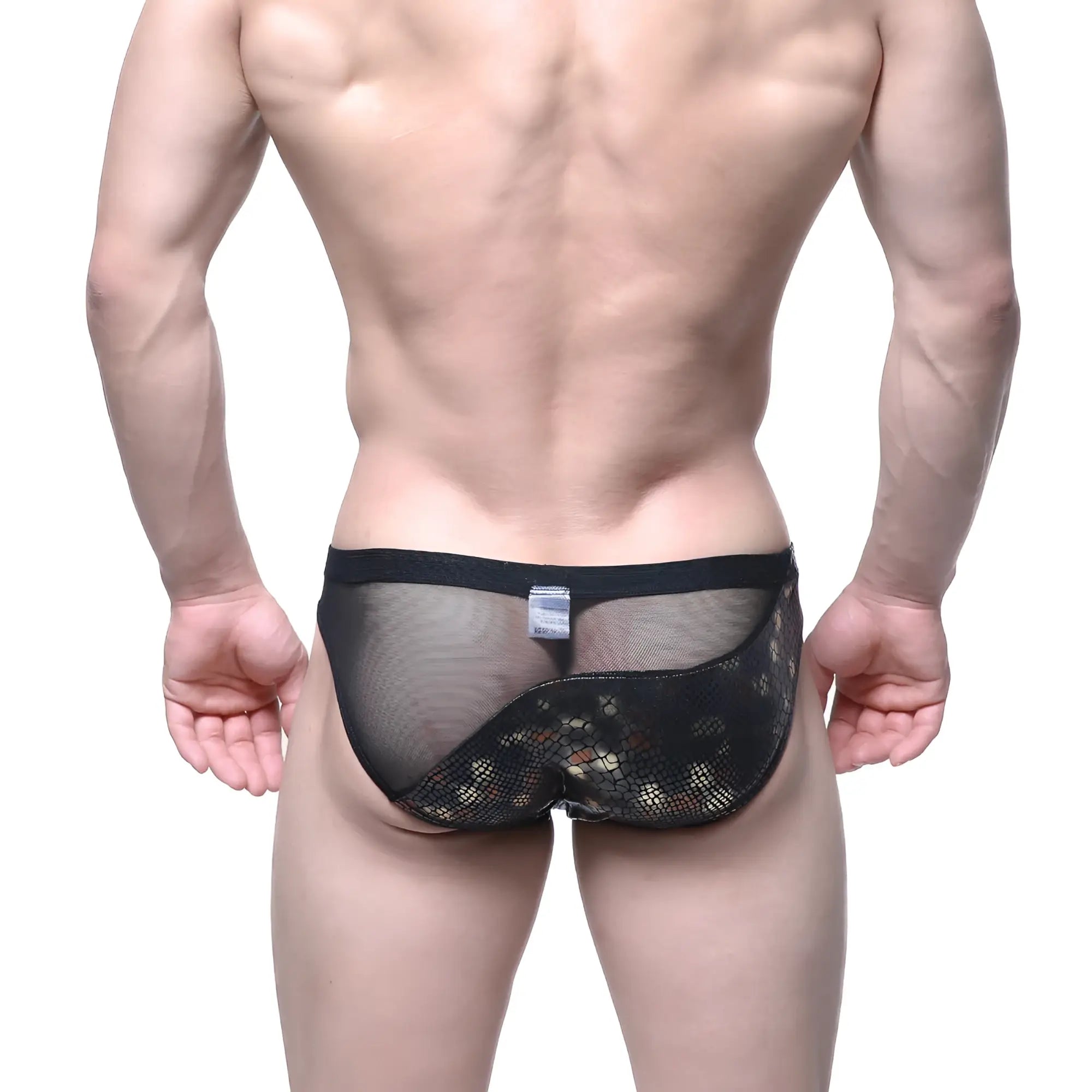 Black mesh briefs with subtle snake-scale pattern and solid waistband from metromalewear mascara bikini dragon 5103-c02