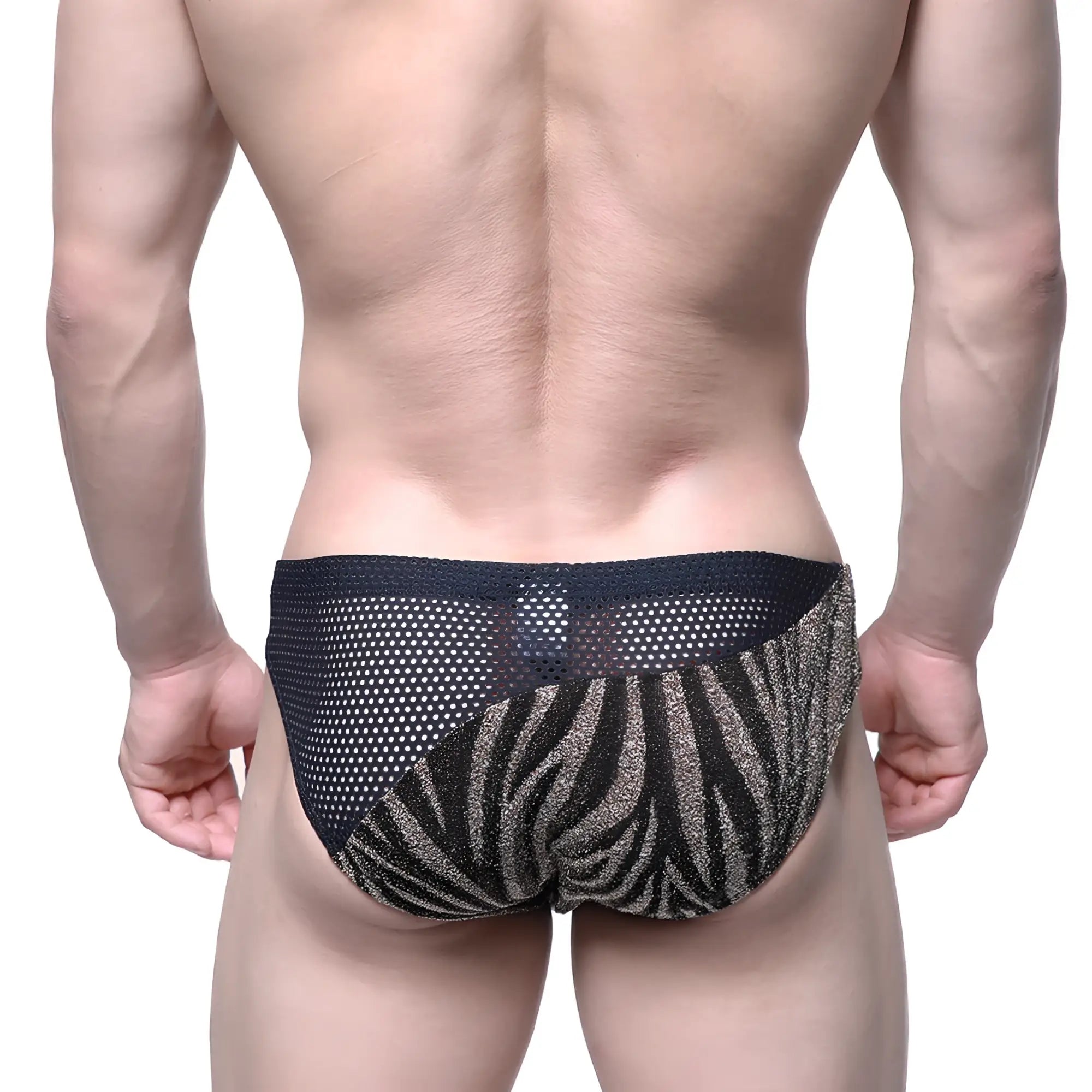 MetroMaleWear Mascara bikini gold 5103-C01 black and gold zebra-striped mesh briefs front view