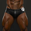 Black leather briefs with a sleek form-fitting design and central seam detail from metromalewear masculino swim bikini 4922-32