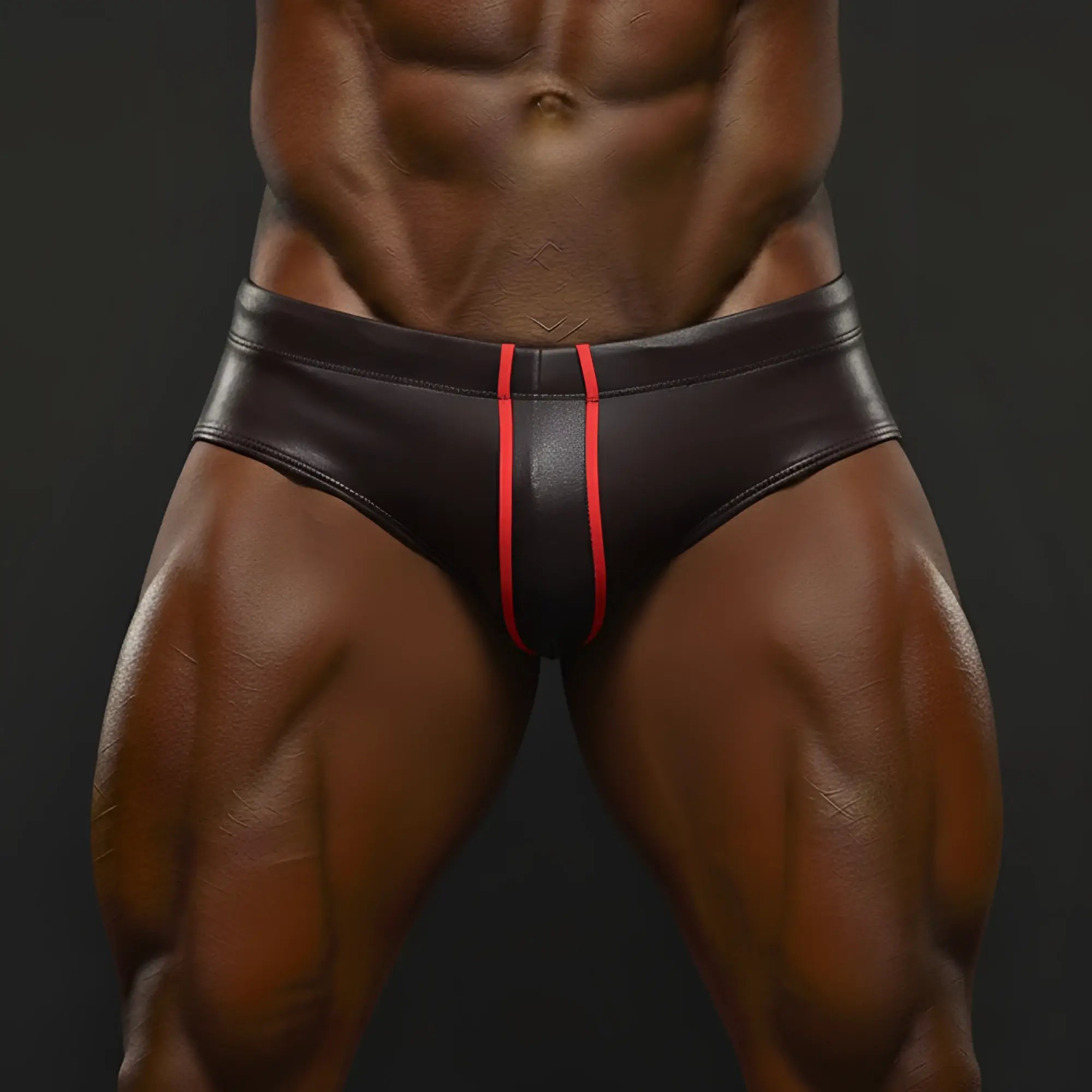 MetroMaleWear Masculino swim bikini in black leather with a bold red vertical stripe down the center