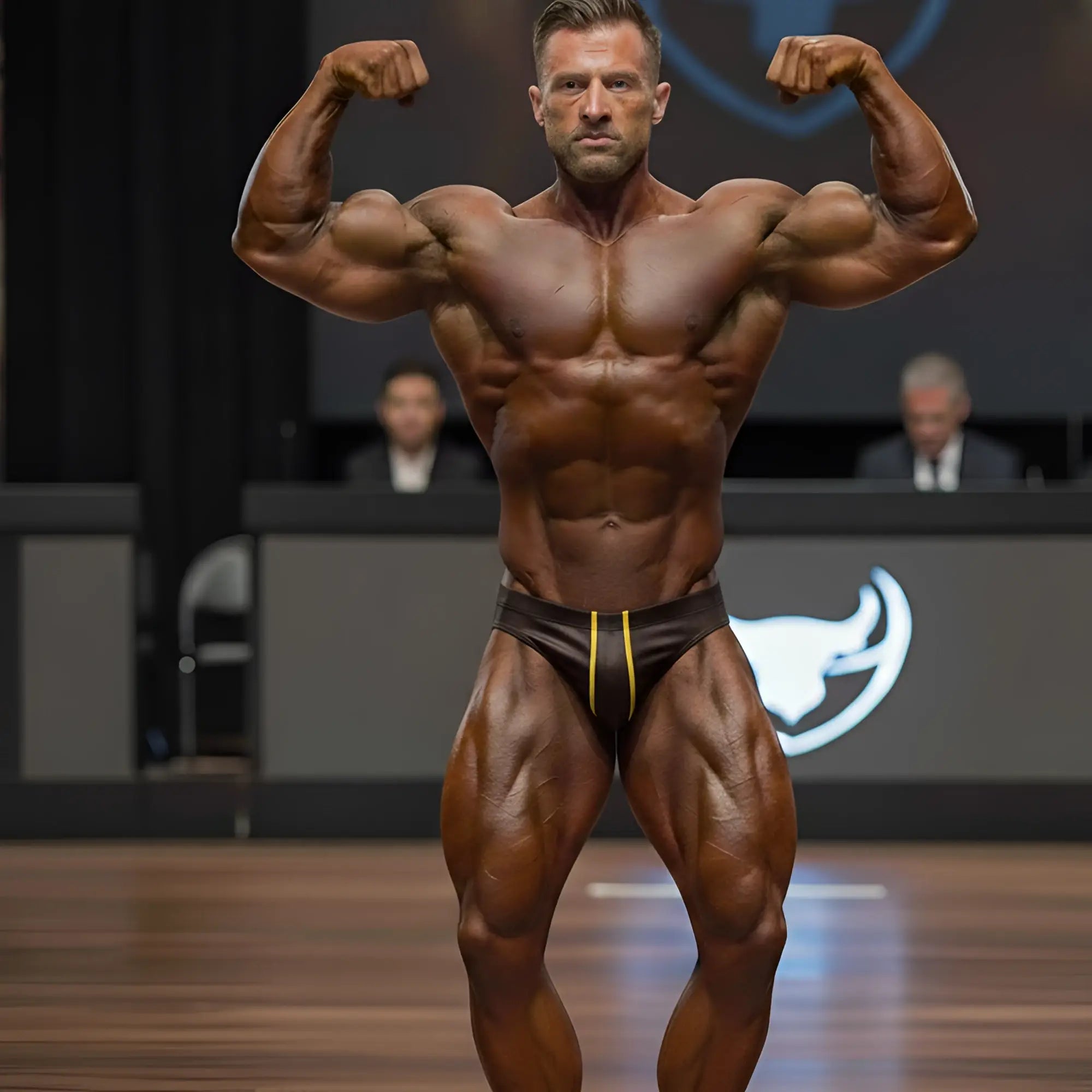 A muscular male bodybuilder wearing black swim bikini briefs with yellow side stripes from MetroMaleWear Masculino