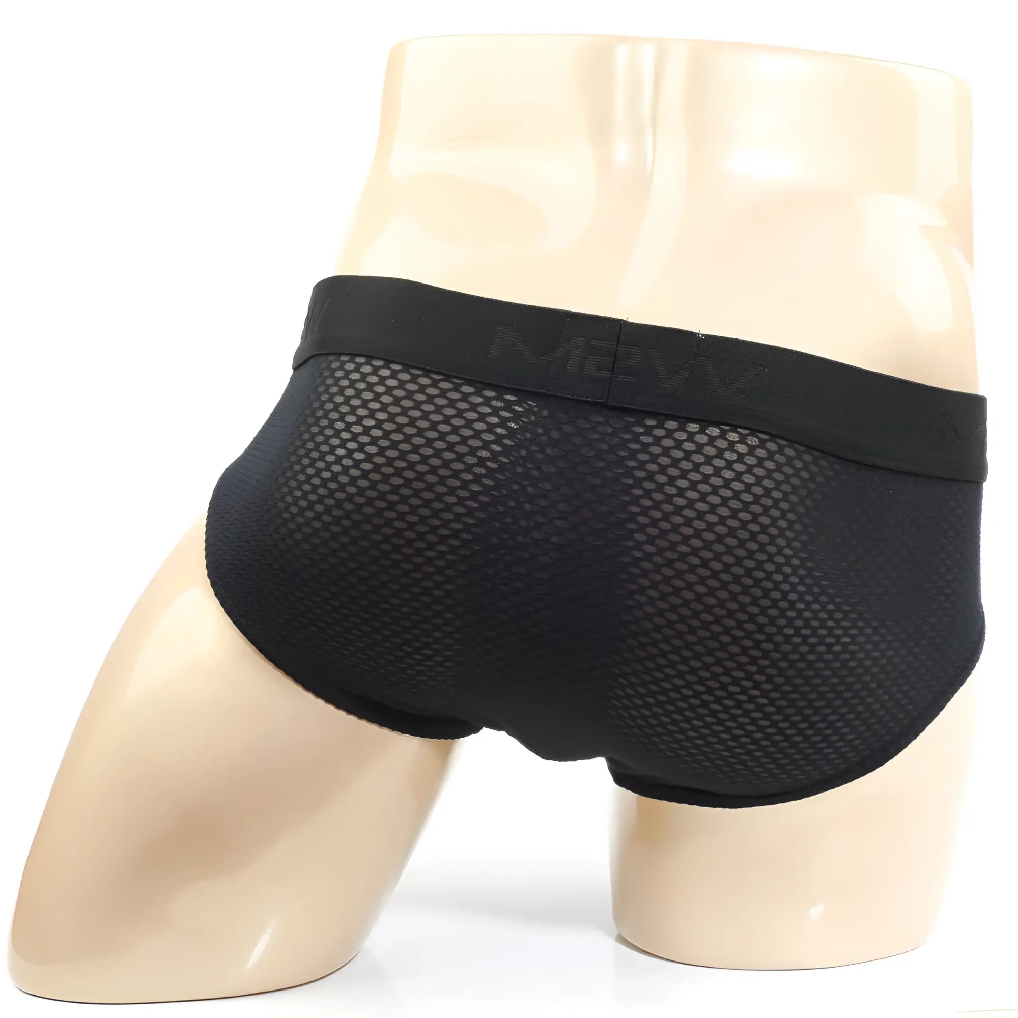 Black mesh MetroMaleWear Matrix Brief 5003-50 with solid elastic waistband featuring m2vw logo