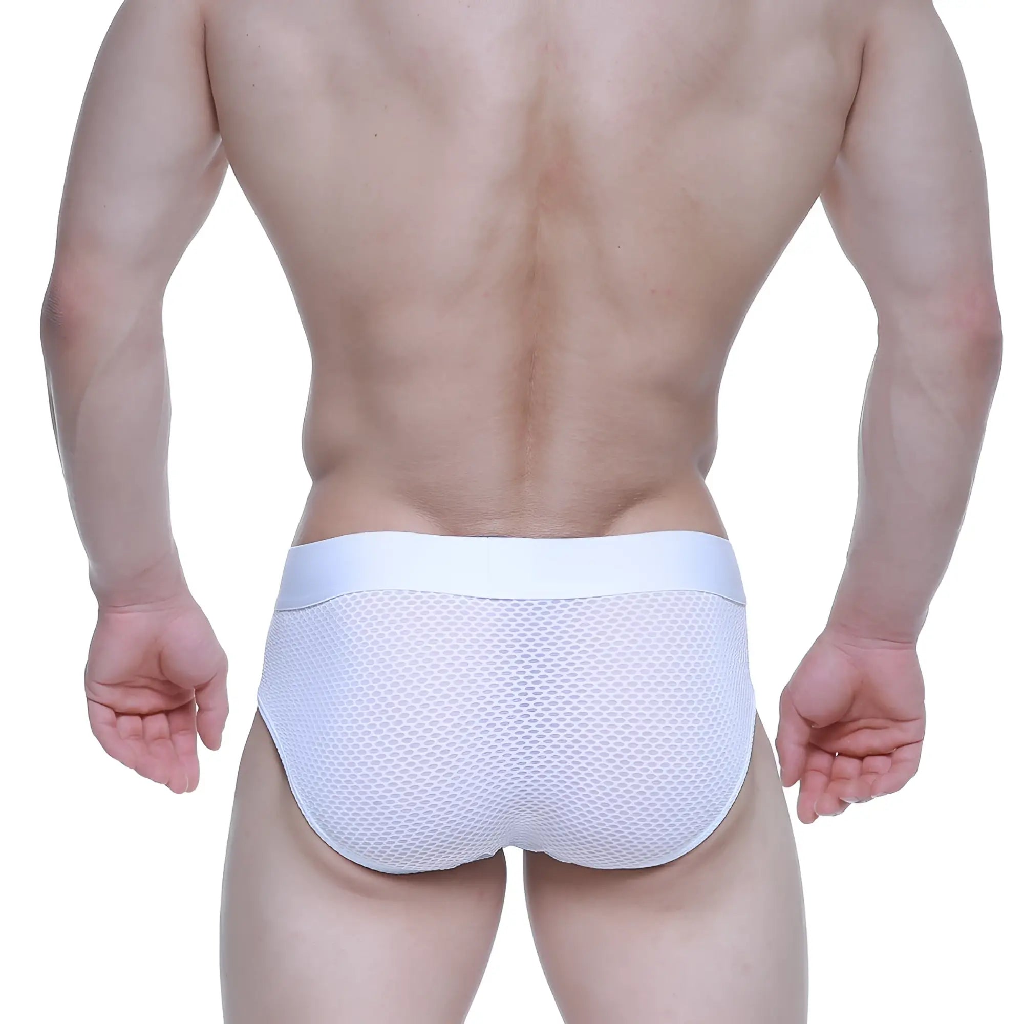 White mesh briefs with a solid white waistband by metromalewear model matrix brief white 5003-51