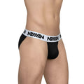 Metro male wear max bikini black briefs with white elastic waistband bold black lettering and front mesh panel