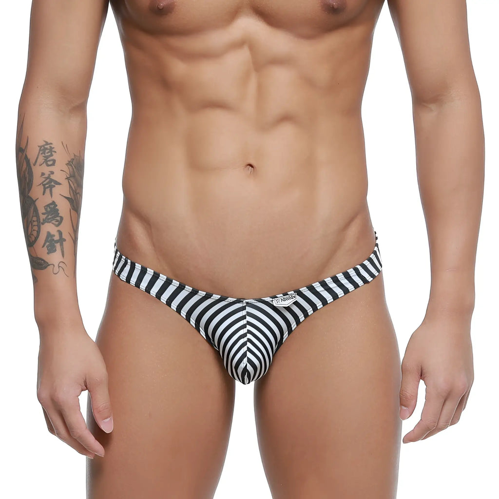 Black and white striped men’s swim trunks with a snug contoured design from MetroMaleWear max bulge bikini jail 6007-40