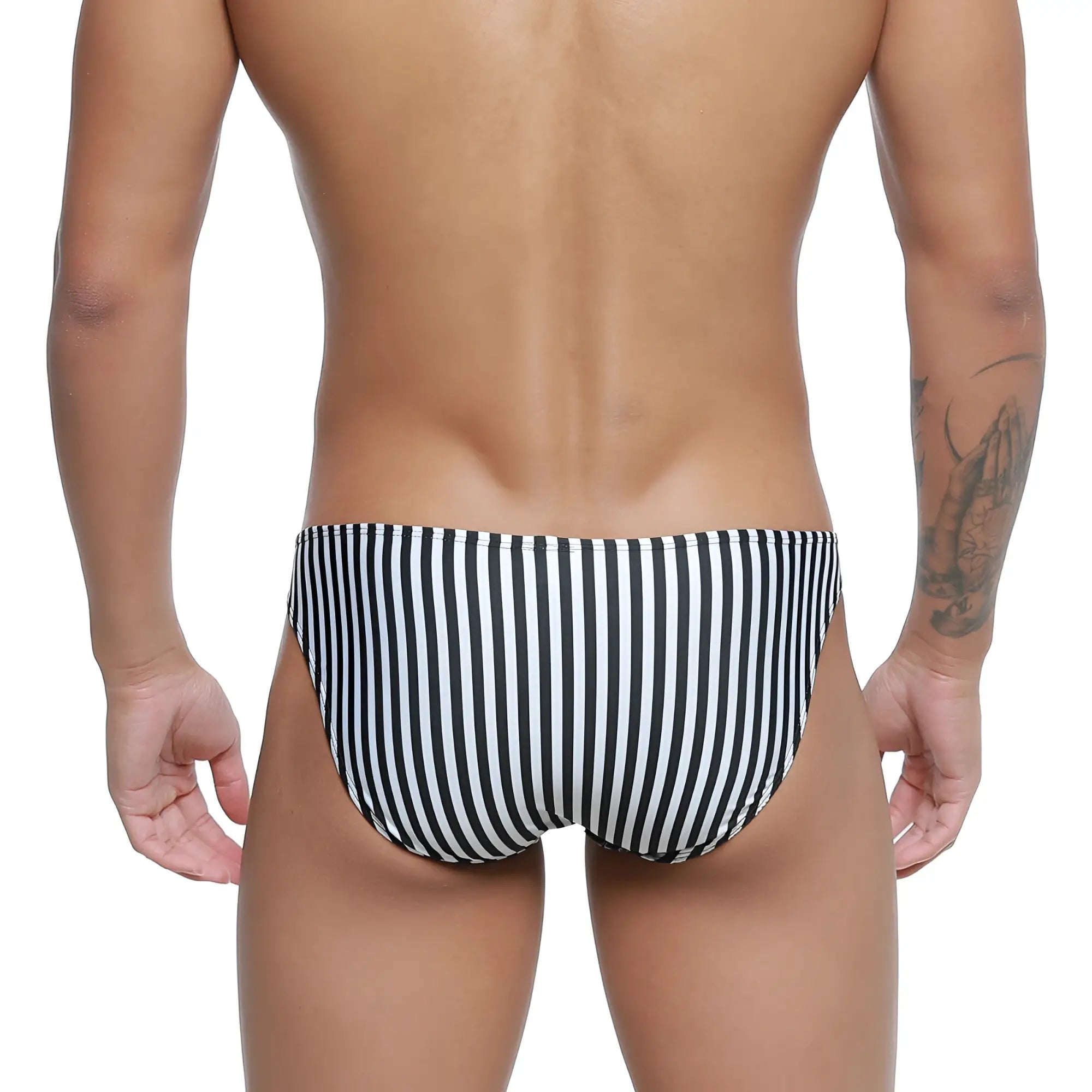 Black and white vertically striped men’s swim trunks metro malewear max bulge bikini jail 6007-40 model