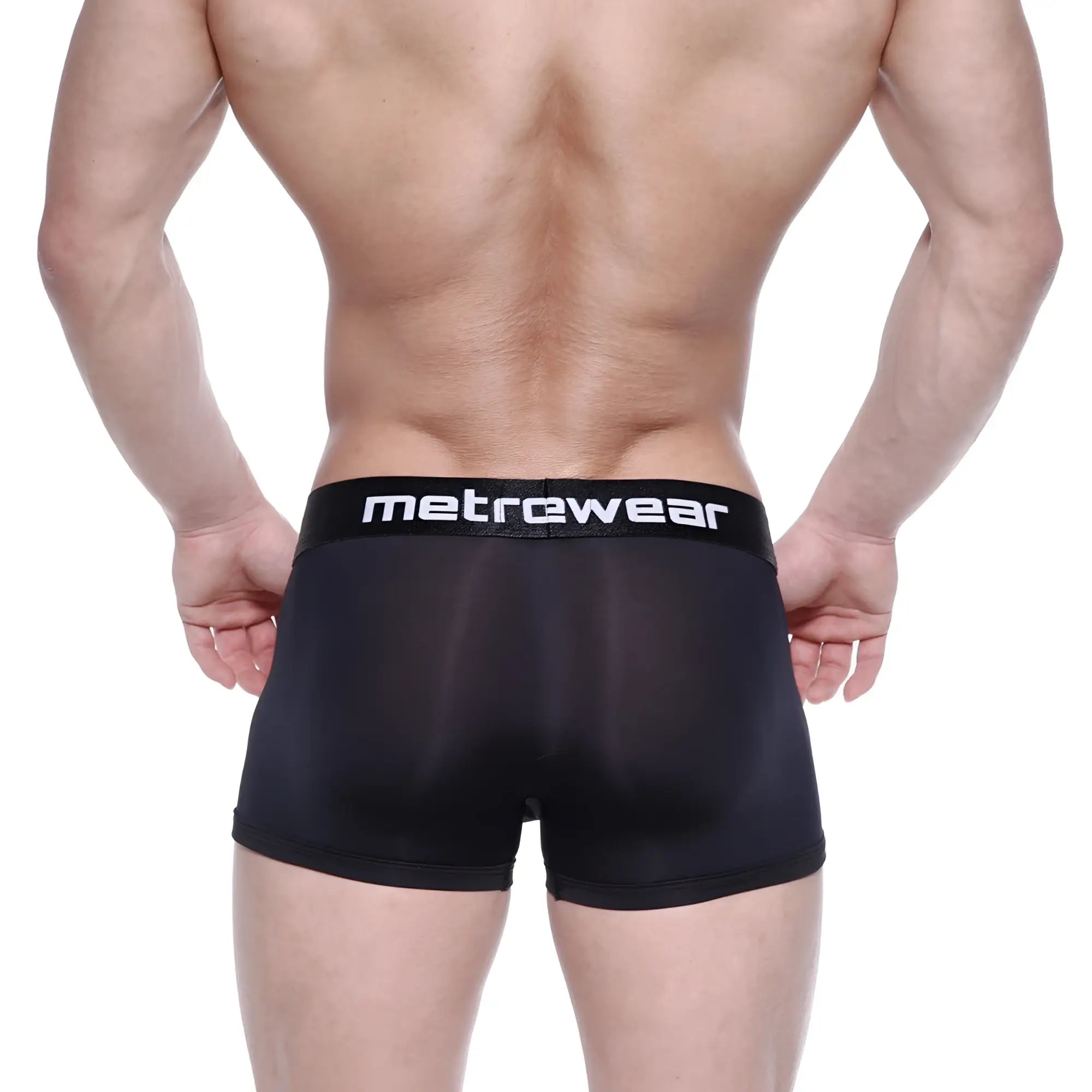 Black mesh metro male wear max bulge boxer brief with elastic waistband and white logo lettering in black