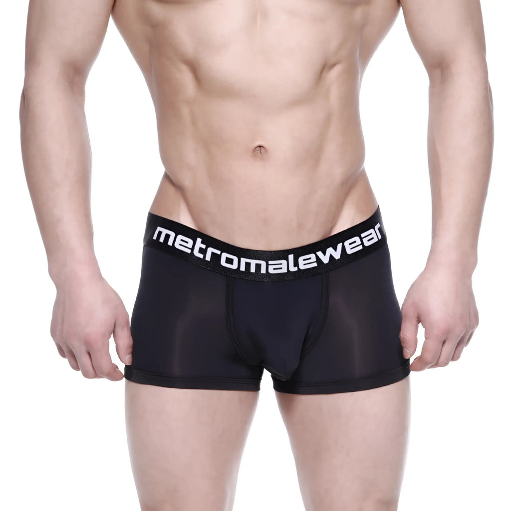 Black mesh metroalewear max bulge boxer brief with white logo waistband for breathable support and comfort