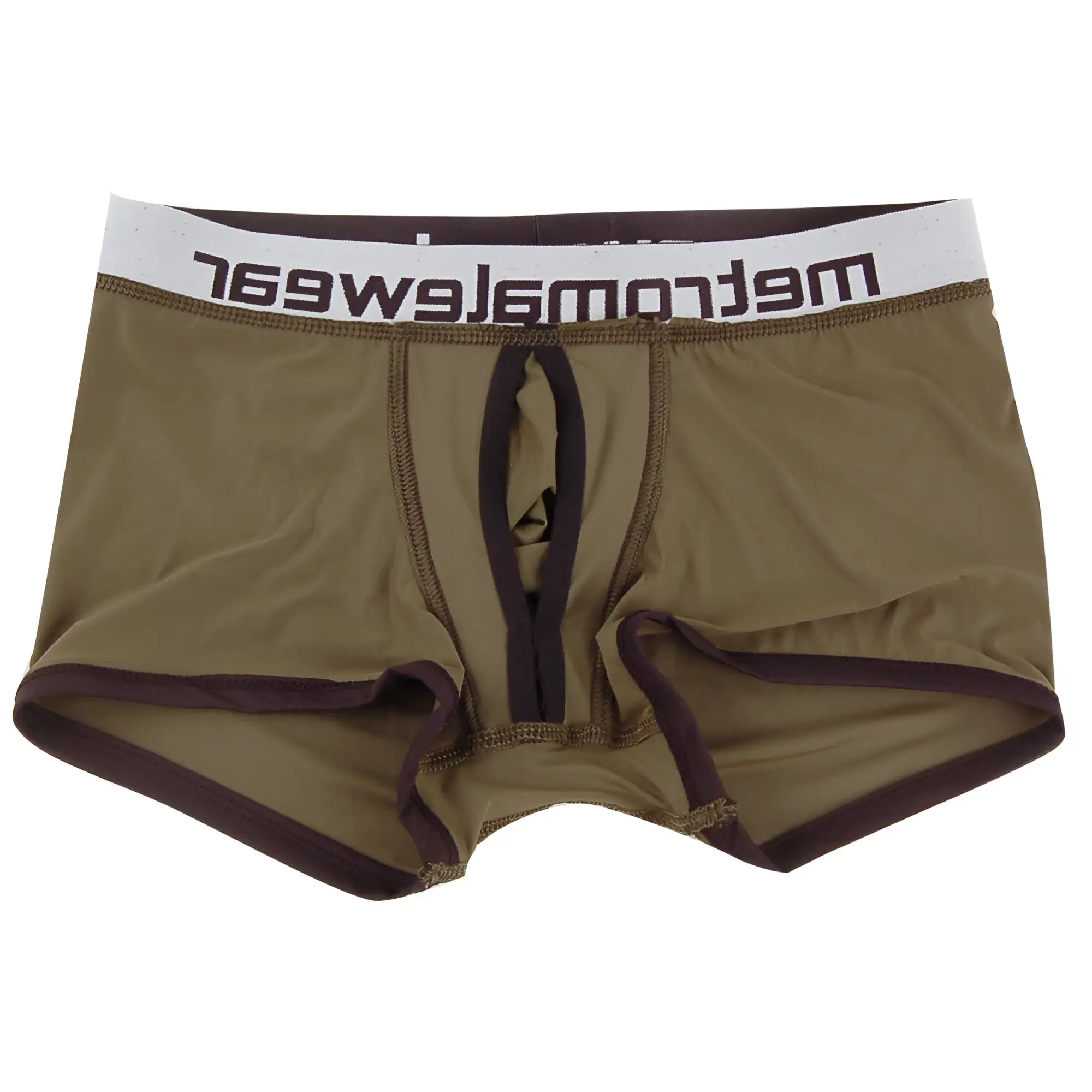 Brown metro male wear max bulge boxer briefs with white waistband and dark brown meltrowear logo