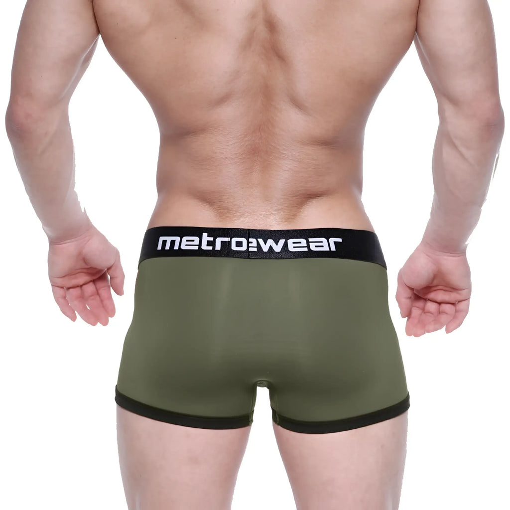 Olive green briefs with black elastic waistband and trim featuring metrowear branding by metro male wear