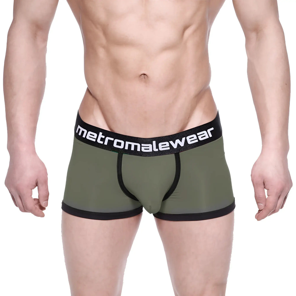 Olive green mens briefs with black trim and branded waistband metro malewear max bulge boxer brief green 1513-26