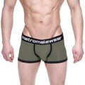 Olive green mens briefs with black trim and branded waistband metro malewear max bulge boxer brief green 1513-26