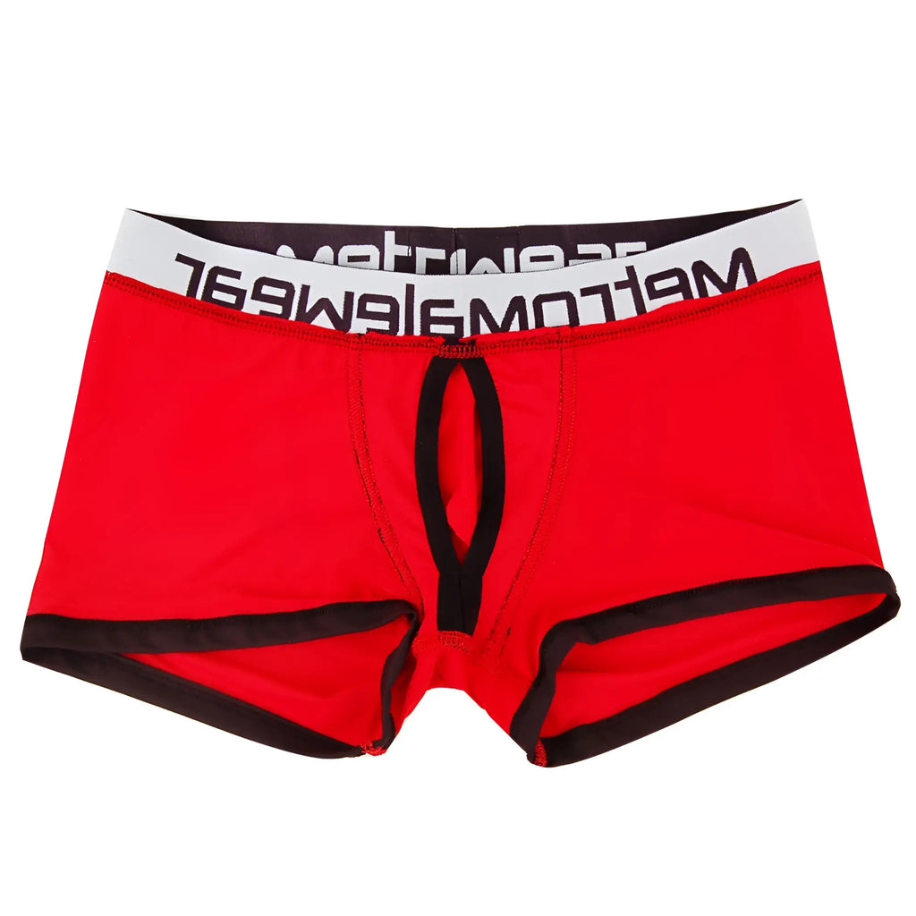 Red mens briefs with black trim and white waistband featuring meltomg logo from MetroMaleWear Max Bulge Boxer Brief 1513-12