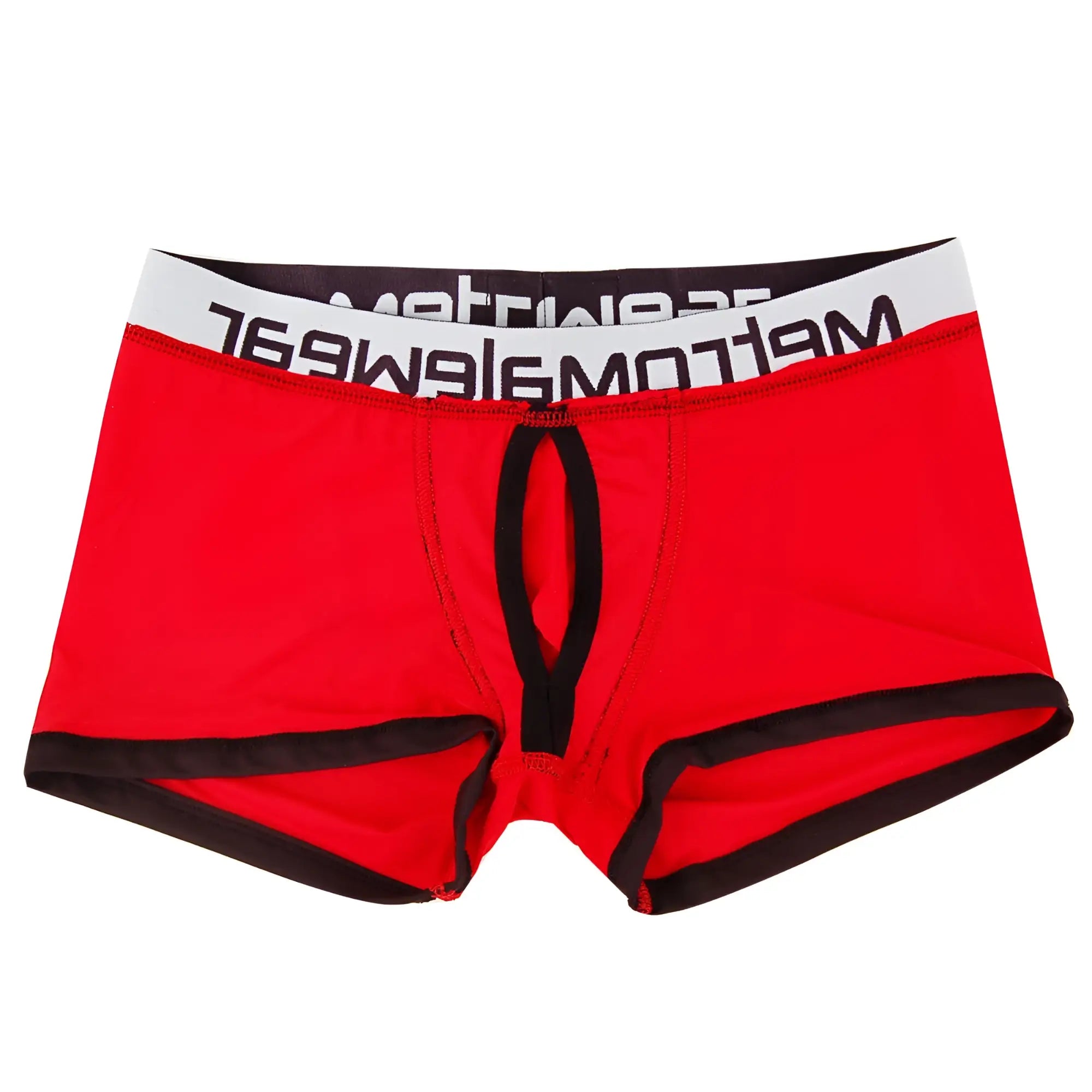 Red mens briefs with black trim and white waistband featuring meltomg logo from MetroMaleWear Max Bulge Boxer Brief 1513-12