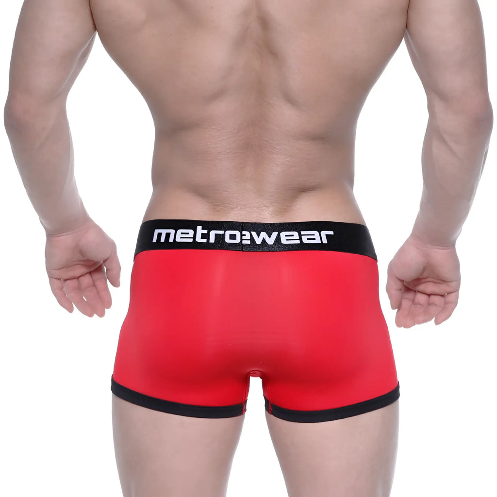 Red metrowear max bulge boxer briefs with black trim and waistband designed for comfortable daily wear