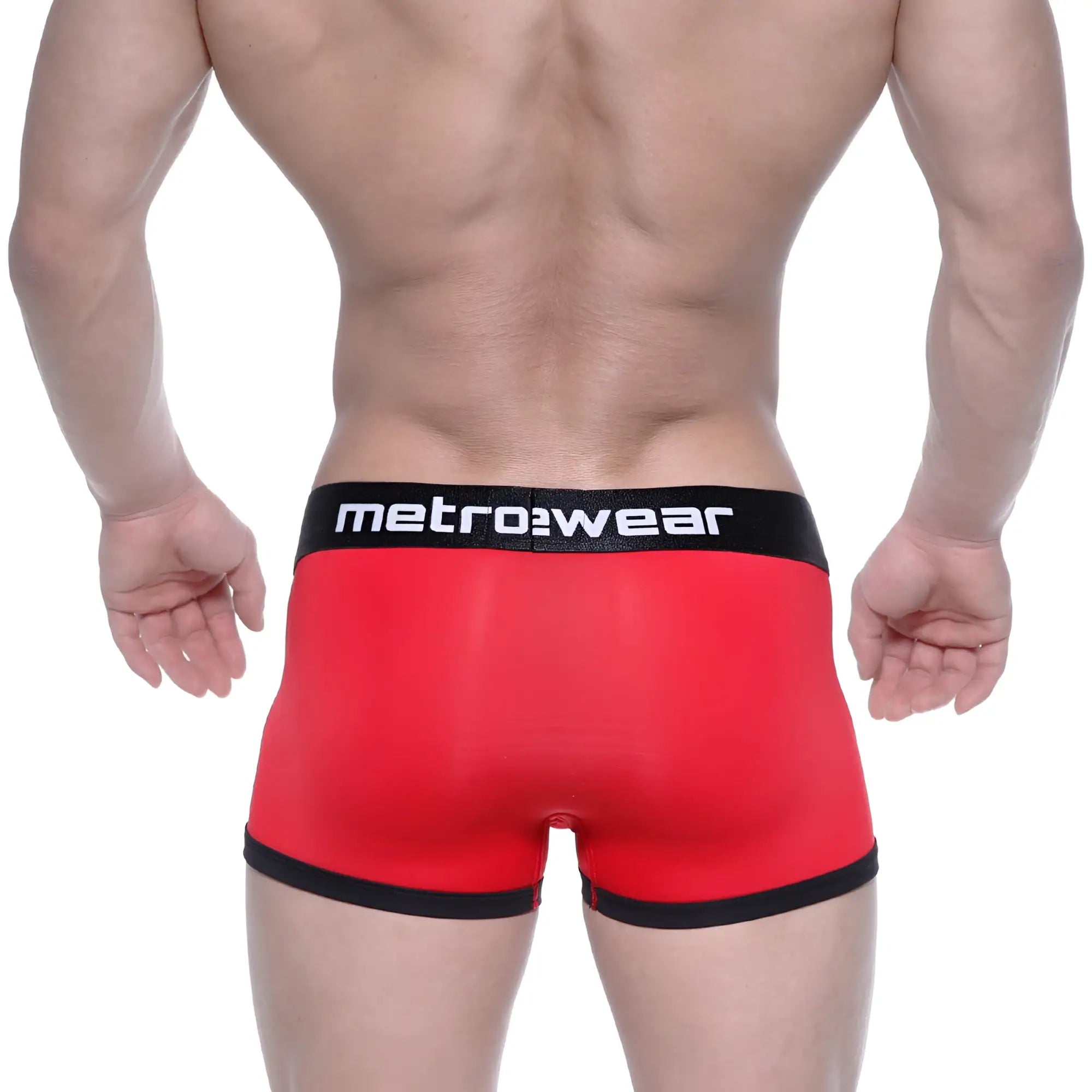 Red metrowear max bulge boxer briefs with black trim and waistband designed for comfortable daily wear