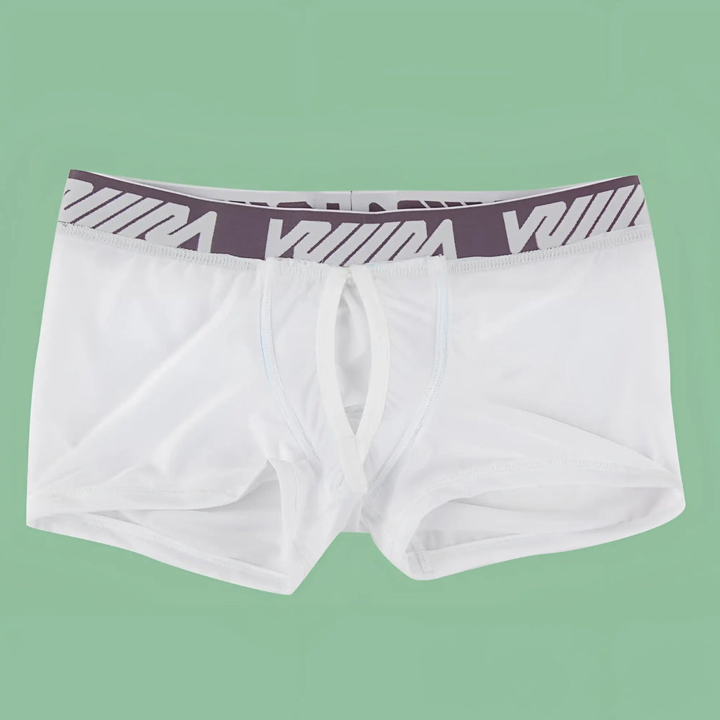 White mens briefs with gray waistband featuring volcom logo branded as metromalewear max bulge boxer brief white 1513-00