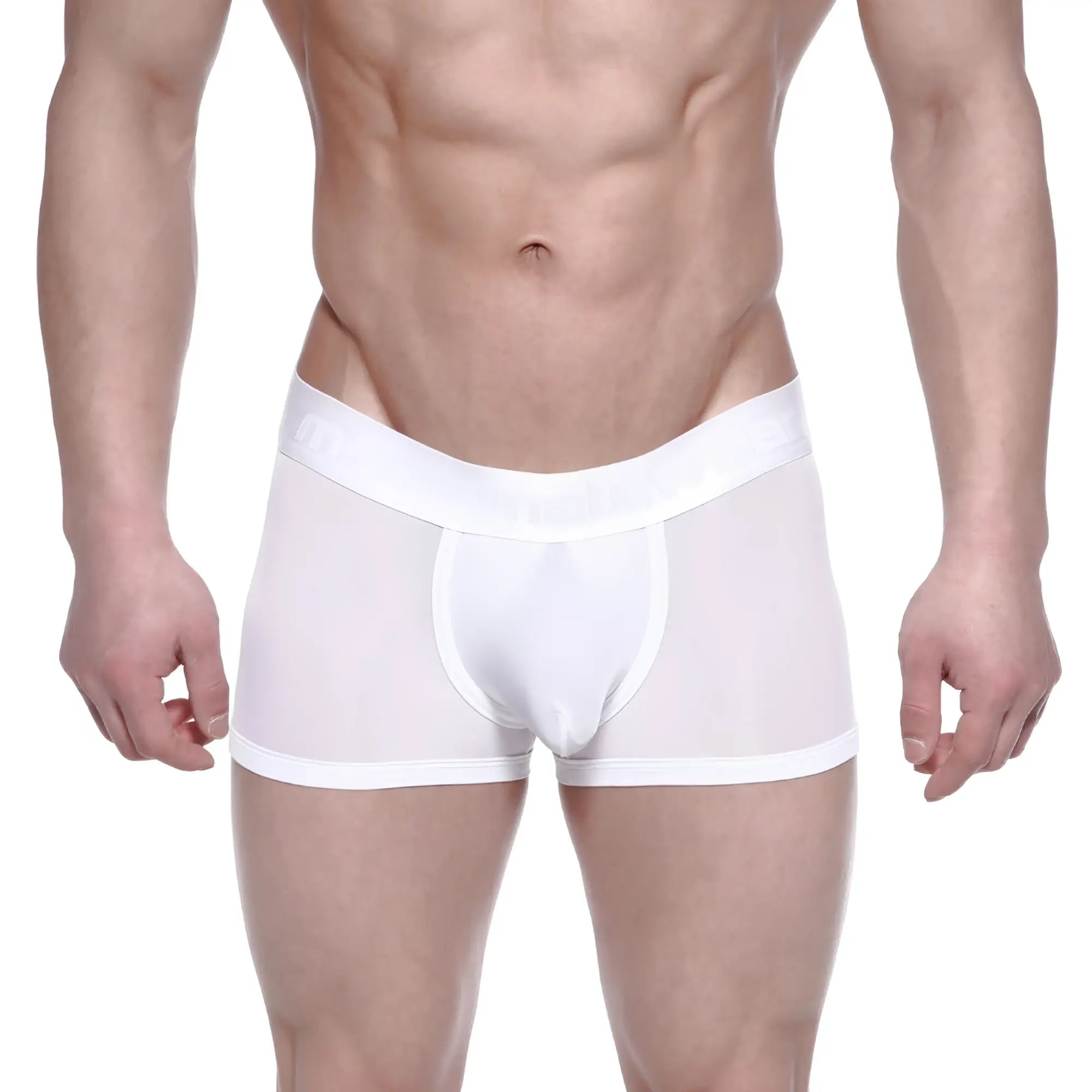 White sheer boxer briefs with solid white waistband and leg openings from metromalewear max bulge series