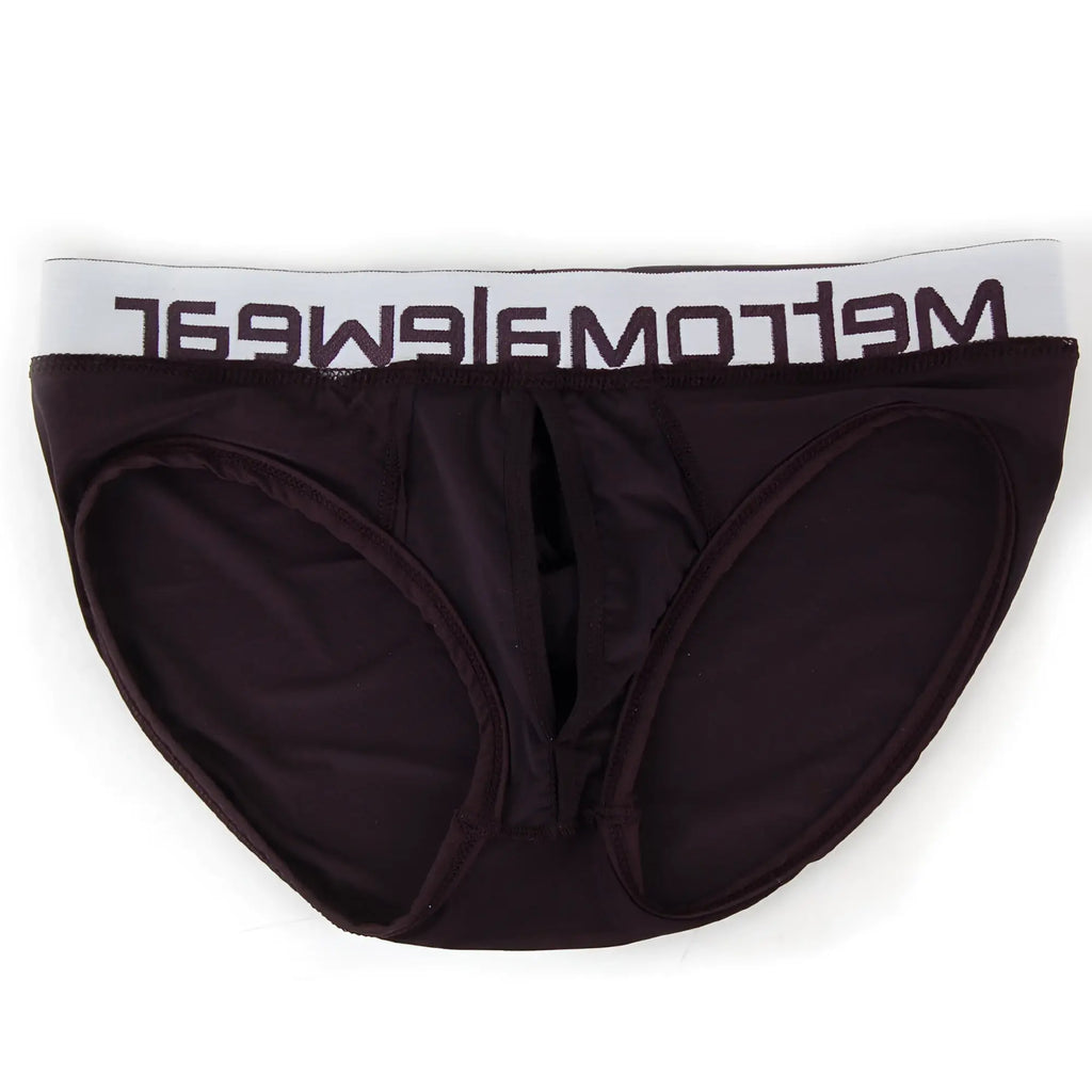 Black mens briefs metro malewear max bulge brief with white elastic waistband and meltomwear logo in black