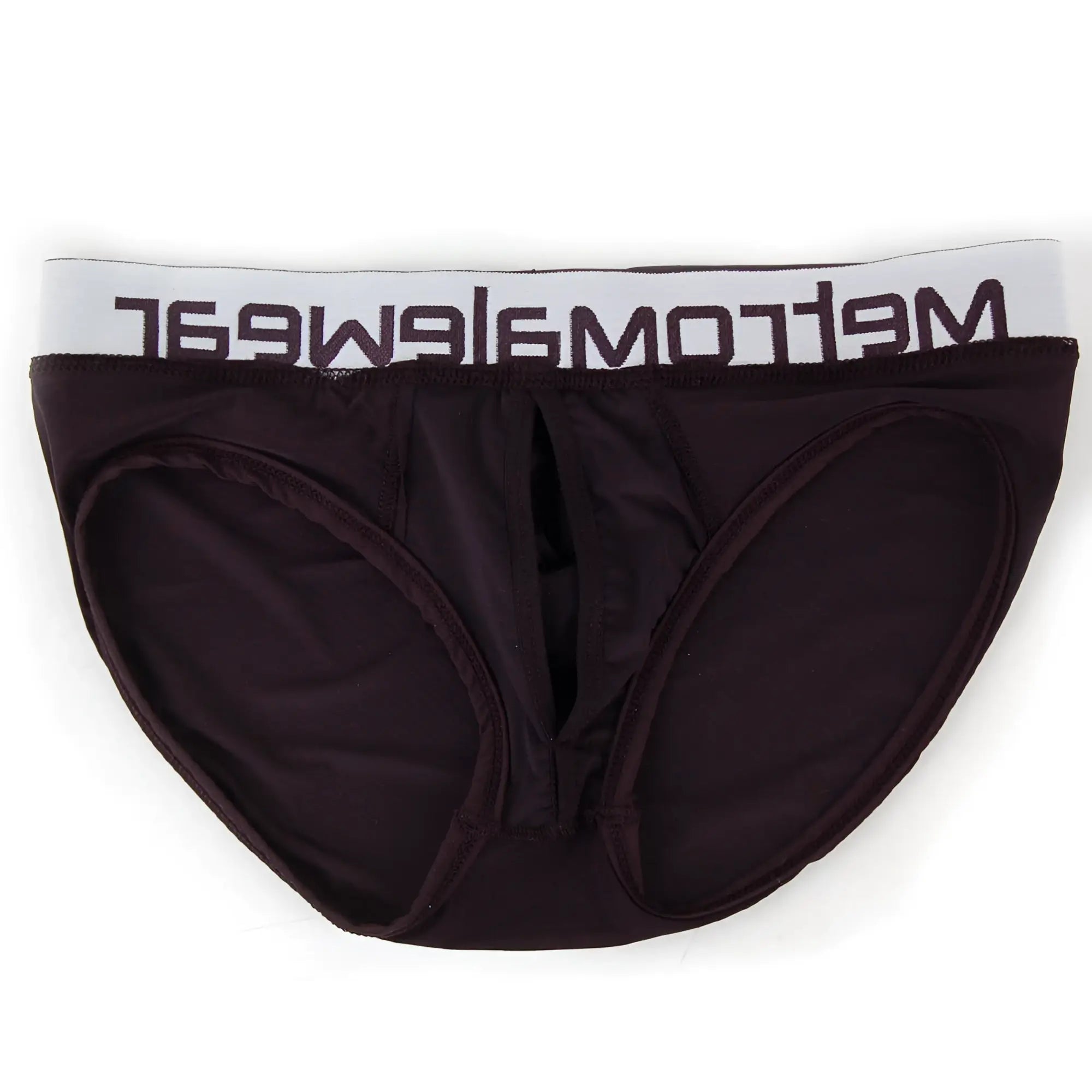 Black mens briefs metro malewear max bulge brief with white elastic waistband and meltomwear logo in black
