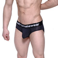 Black mens briefs with a white metromalewear logo on the waistband from MetroMaleWear Max Bulge Brief Black 1503-20