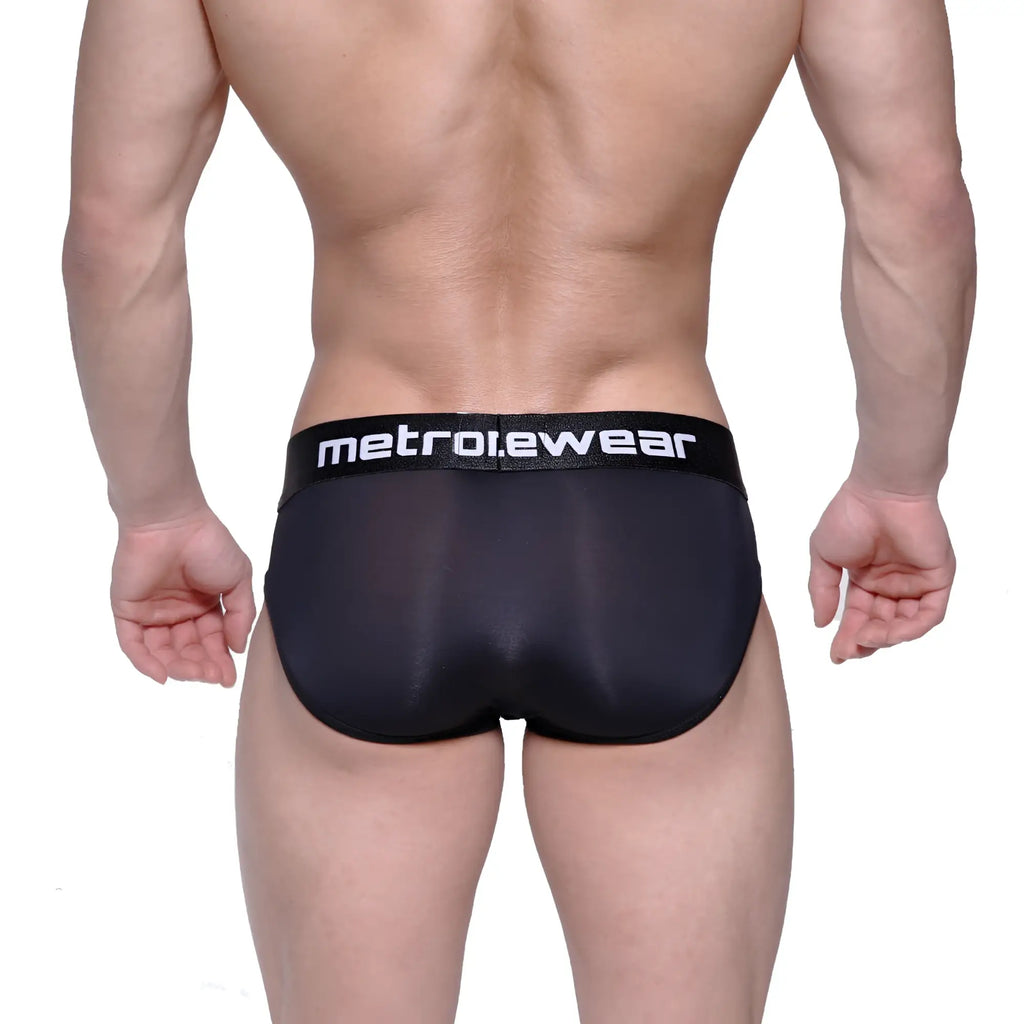 Black metro male wear max bulge briefs with sleek form-fitting design and subtle sheen in black color
