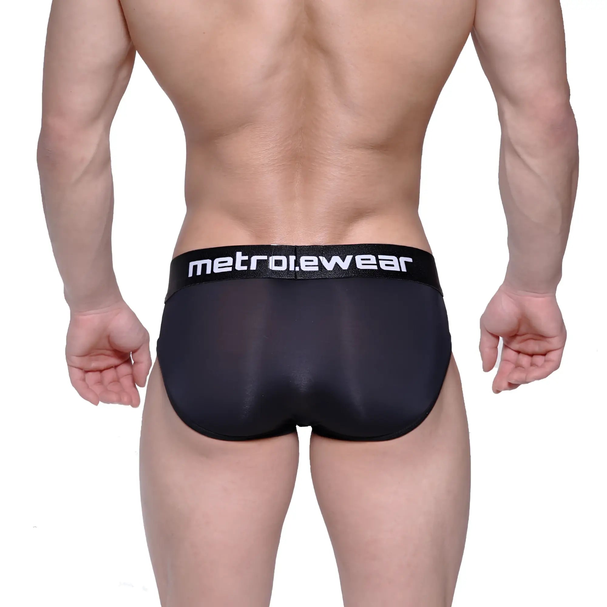 Black metro male wear max bulge briefs with sleek form-fitting design and subtle sheen in black color