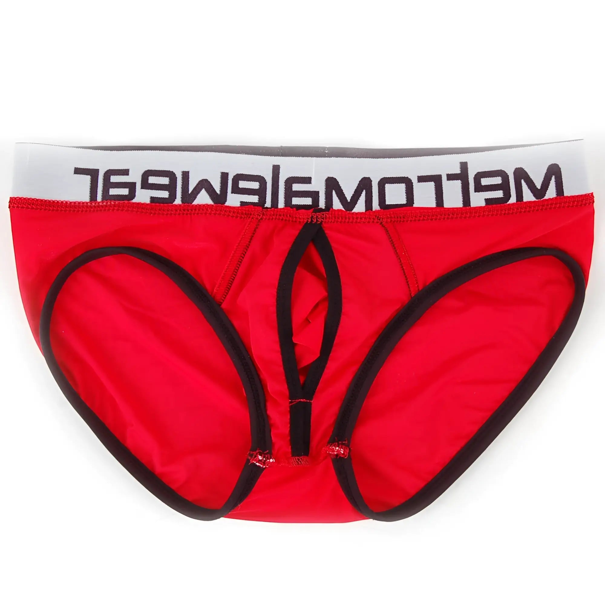 Red mens MetroMaleWear Max Bulge briefs with black trim and white waistband featuring bold Meltrowe branding