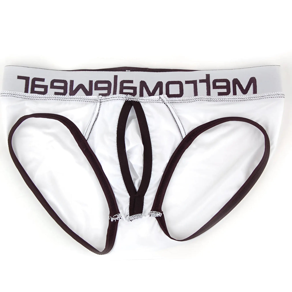 White mens briefs with black trim and mellowear logo on waistband metroMalewear max bulge brief white 1503-00