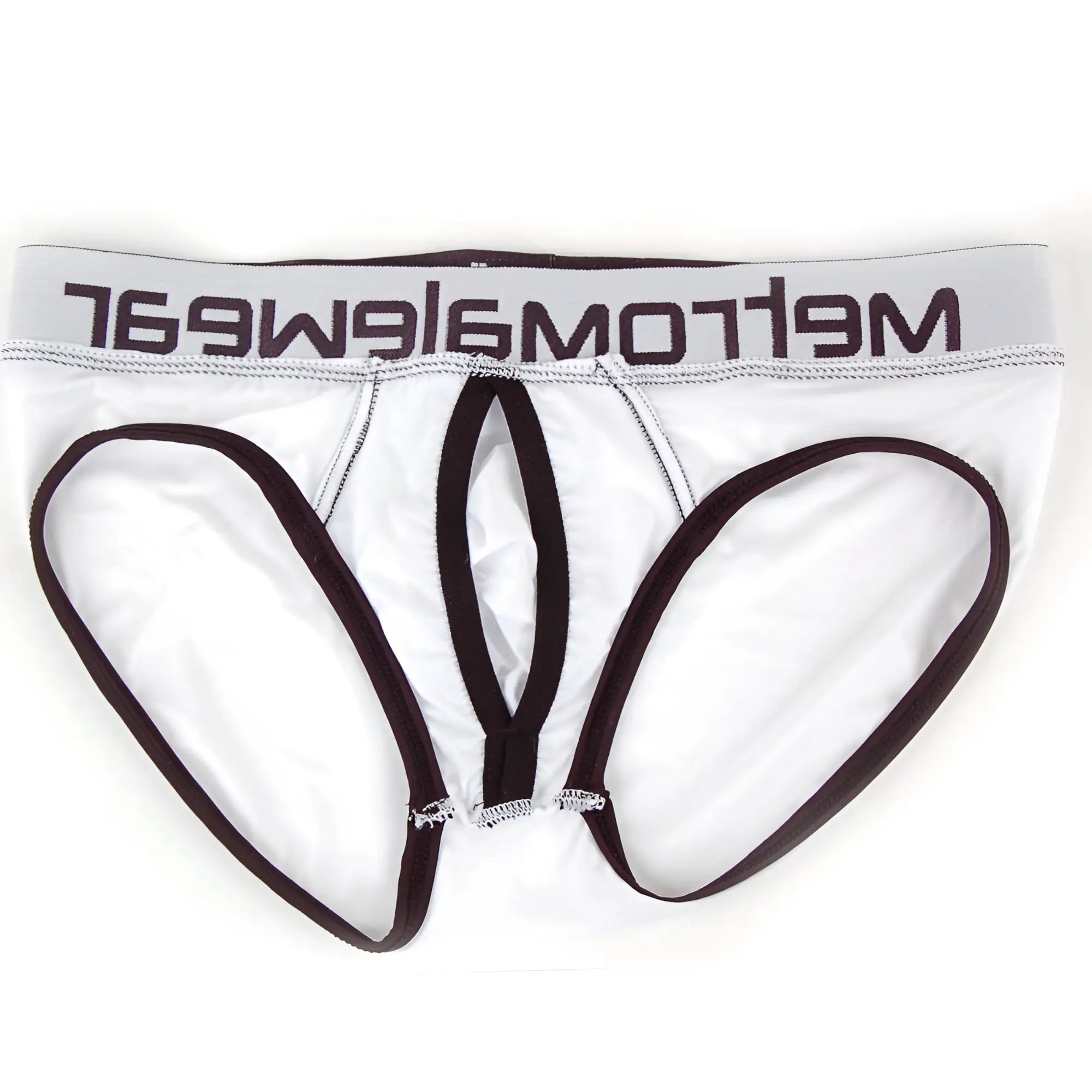 White mens briefs with black trim and mellowear logo on waistband metroMalewear max bulge brief white 1503-00