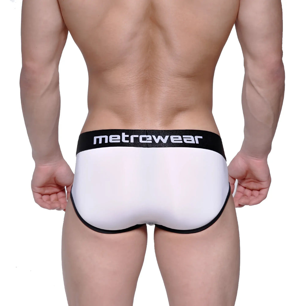 White metrowear max bulge briefs with black trim and waistband designed for enhanced support and comfort
